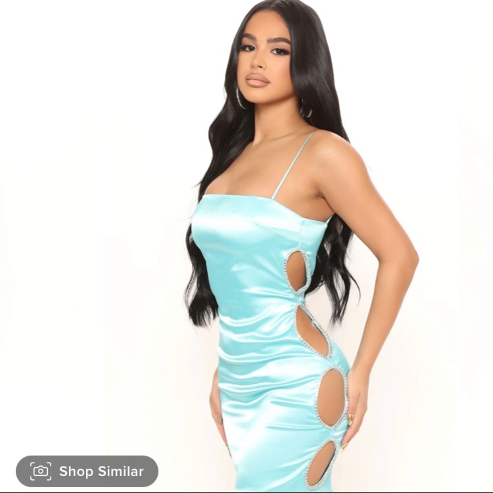New Super Cute Satin Rhinestone Cut Out Teal Mini Dress!